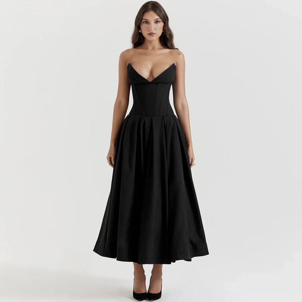 Black Strapless Corset Midi Dress