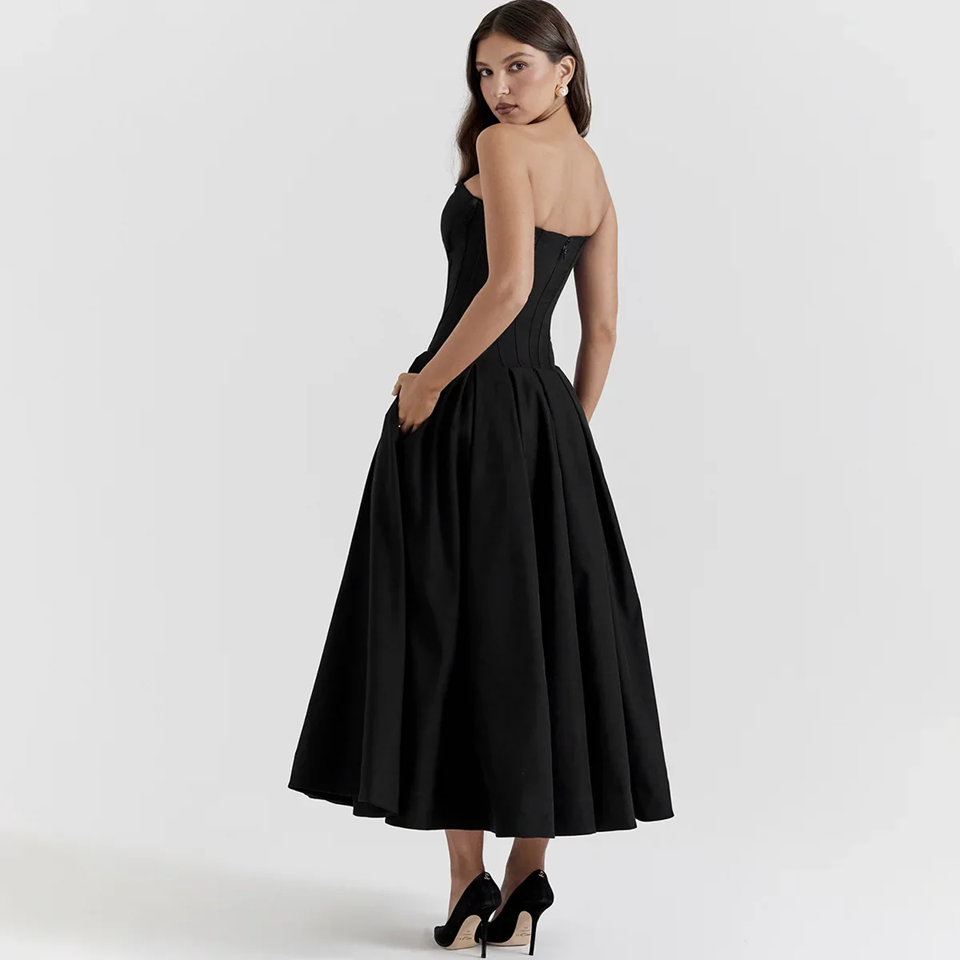 Black Strapless Corset Midi Dress