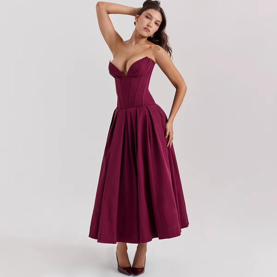 Wine Strapless Corset Midi Dress