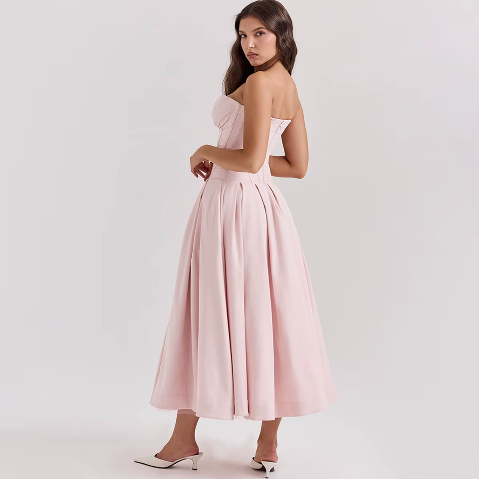 Pink Strapless Corset Midi Dress