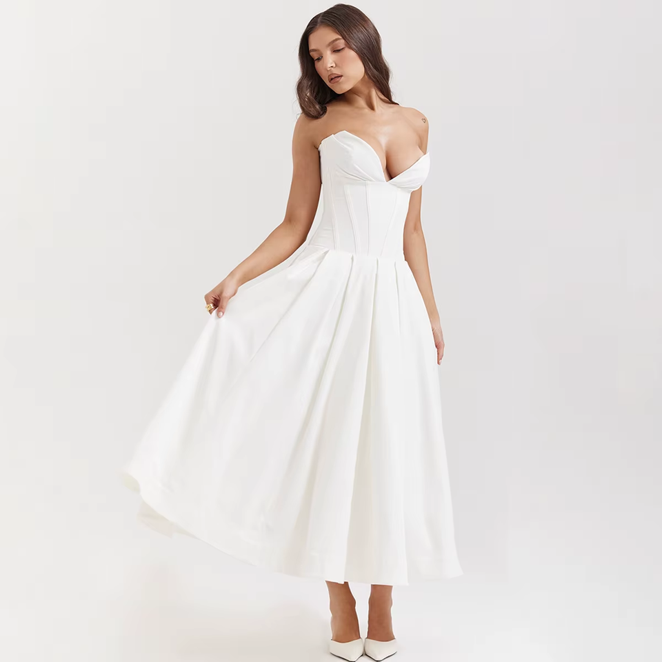 White Strapless Corset Midi Dress