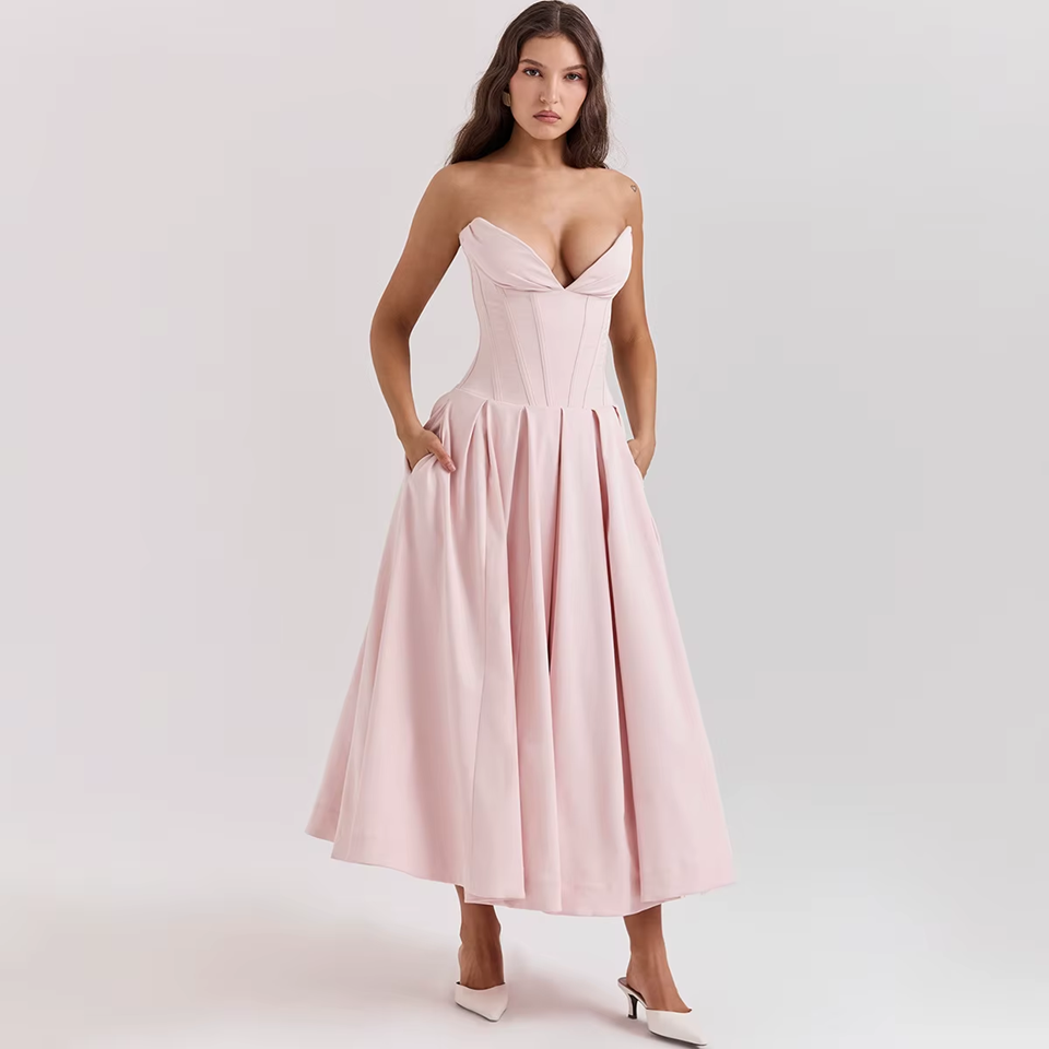 Pink Strapless Corset Midi Dress