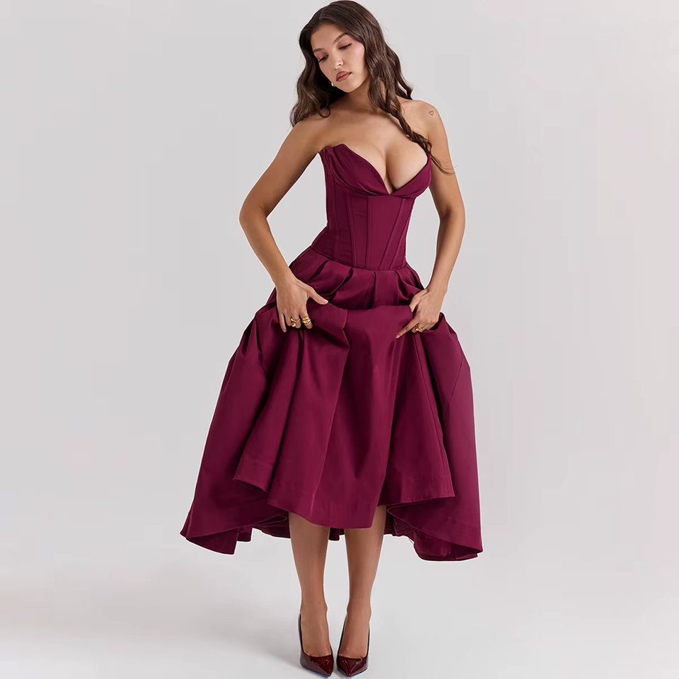 Wine Strapless Corset Midi Dress