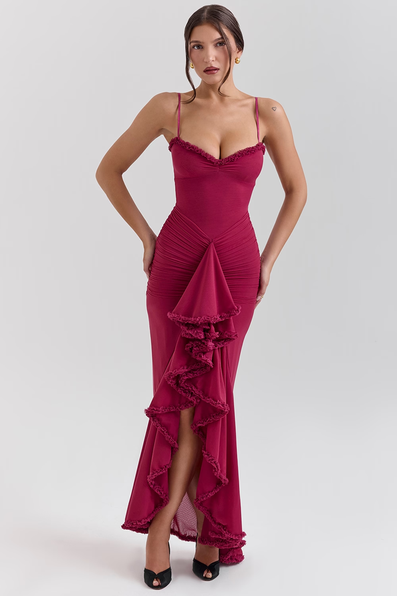 Wine Ruffle Mesh Maxi Dress