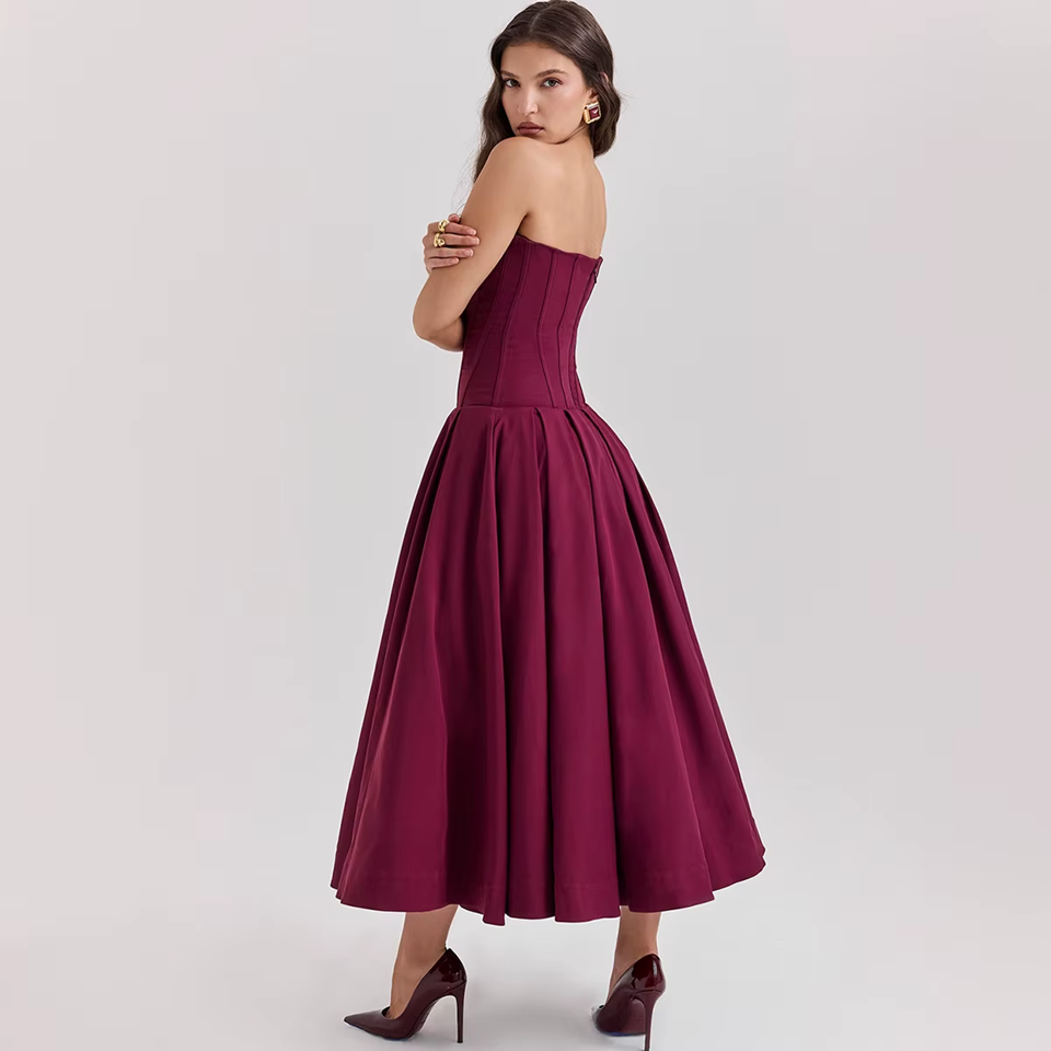 Wine Strapless Corset Midi Dress