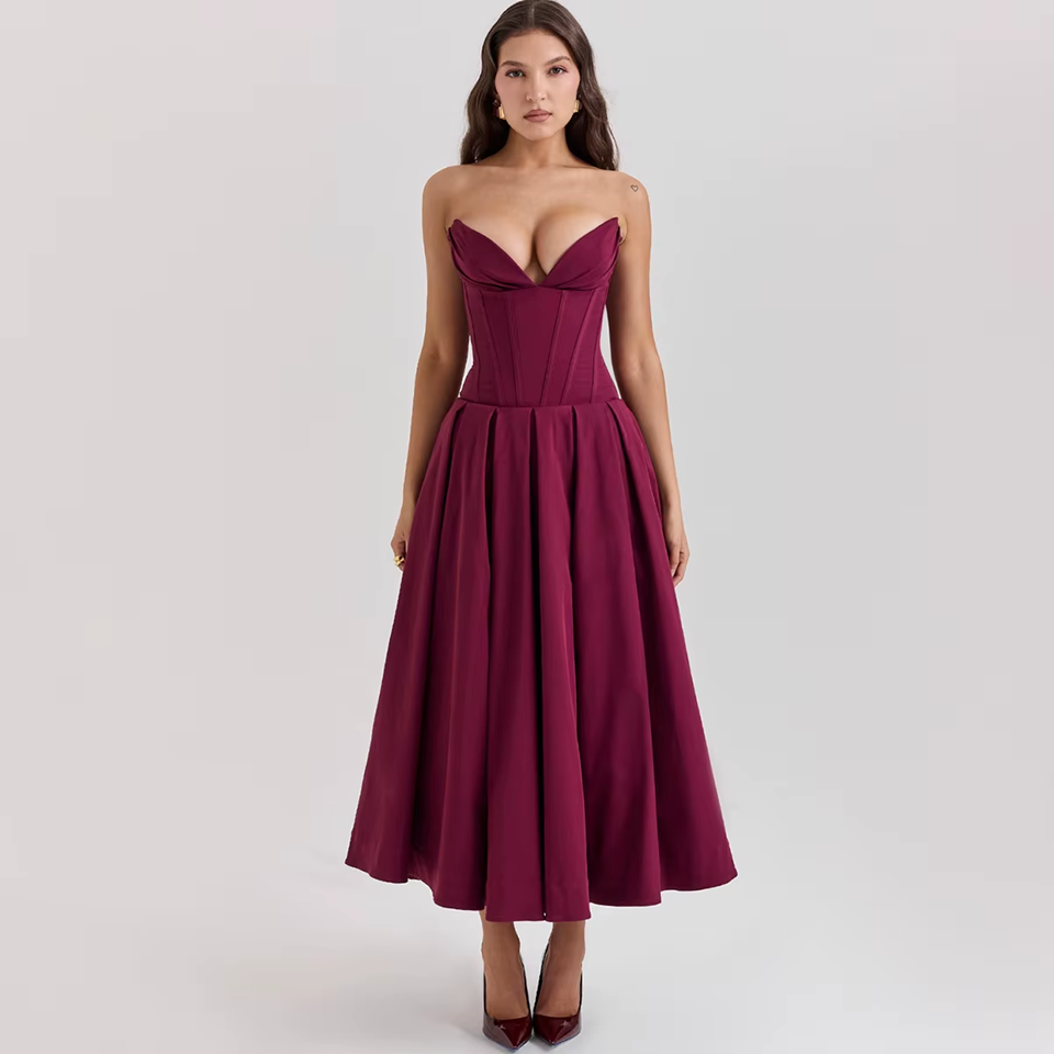 Wine Strapless Corset Midi Dress