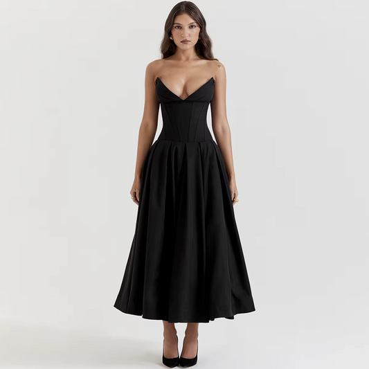 Black Strapless Corset Midi Dress