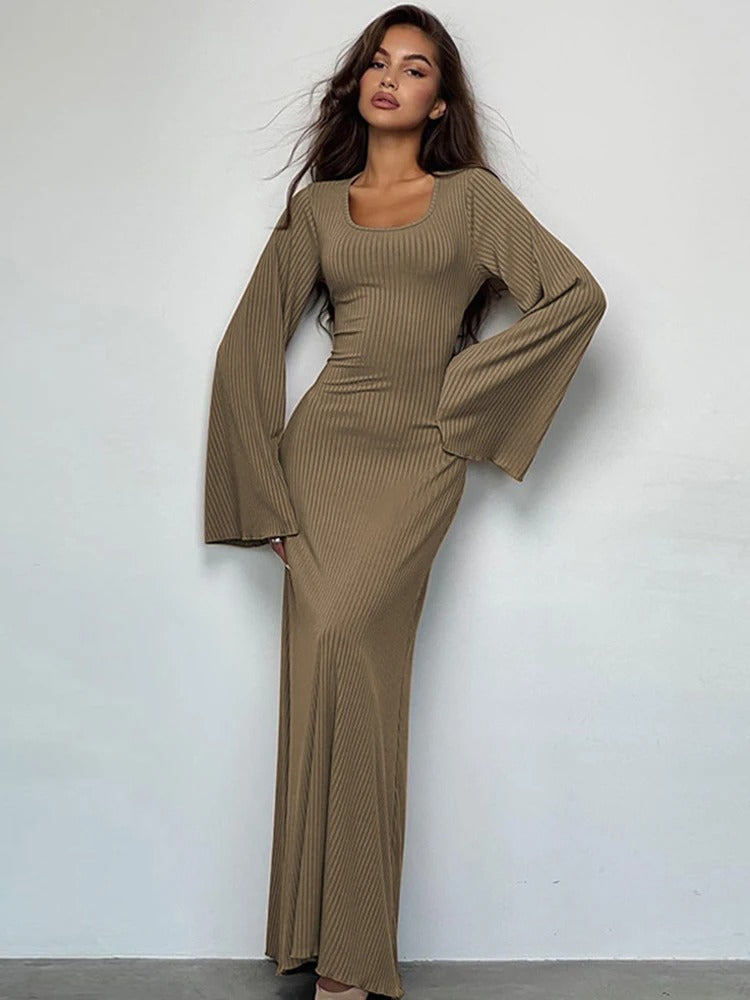 Ribbed Long Sleeve Slim Maxi Dress