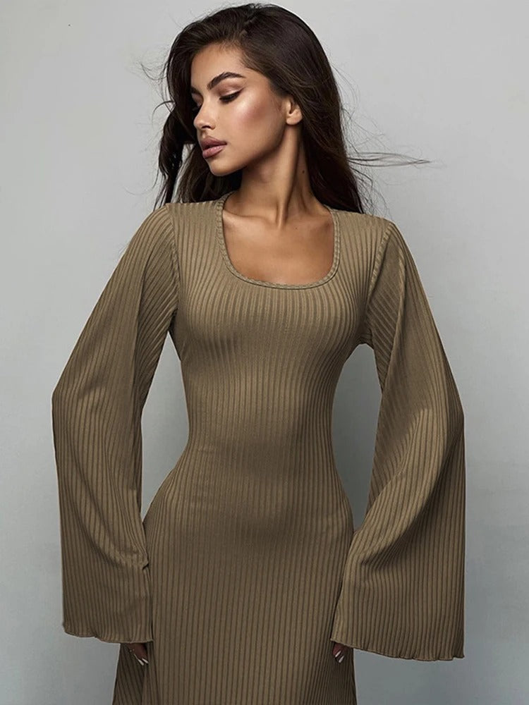 Ribbed Long Sleeve Slim Maxi Dress