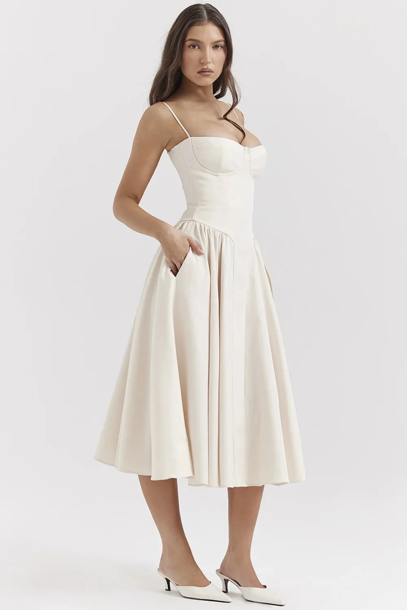 White V-Neck Sleeveless Midi Dress