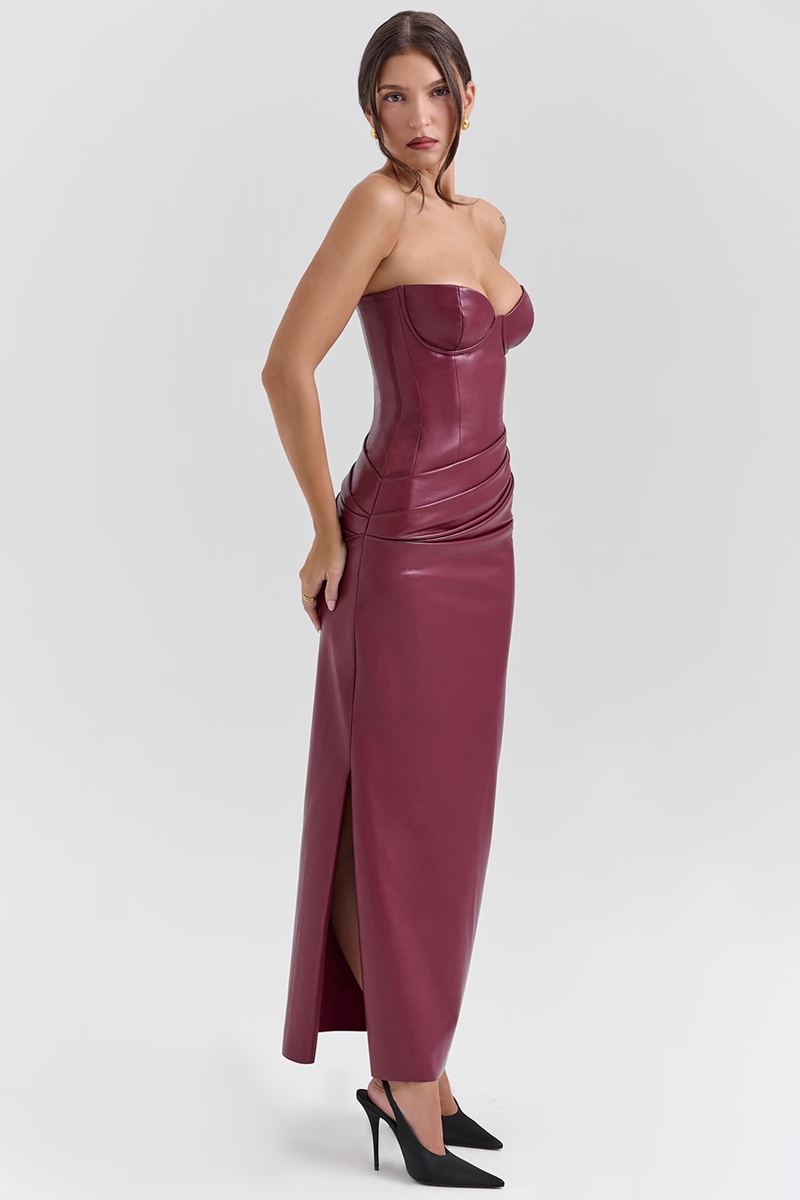 Burgundy PU Bodycon Midi Dress