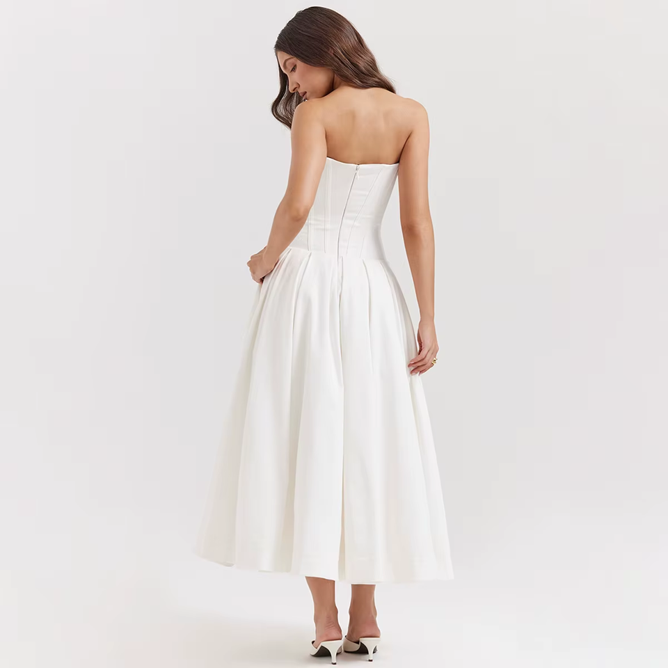 White Strapless Corset Midi Dress