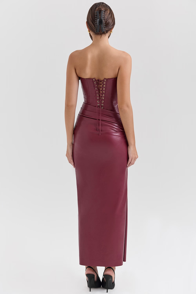 Burgundy PU Bodycon Midi Dress