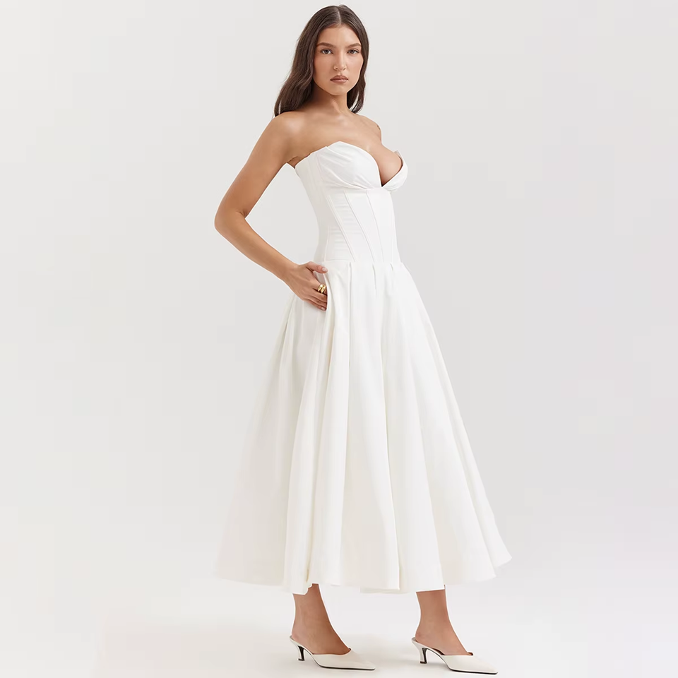 White Strapless Corset Midi Dress