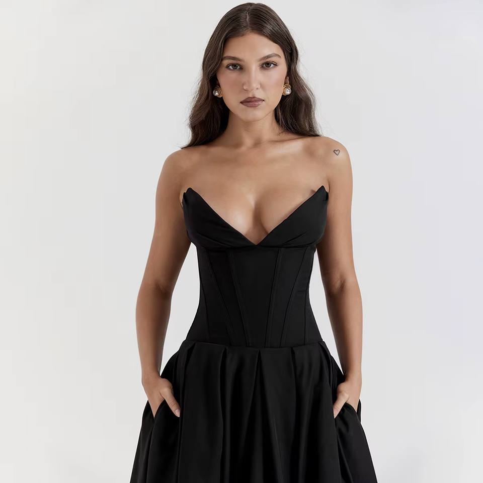 Black Strapless Corset Midi Dress