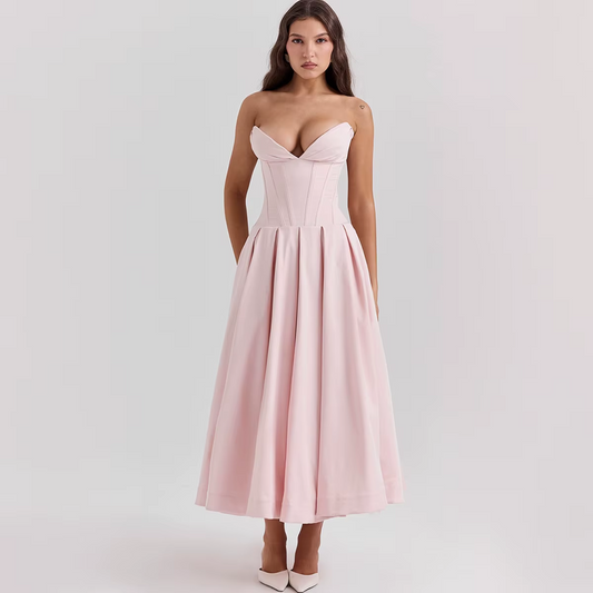 Pink Strapless Corset Midi Dress