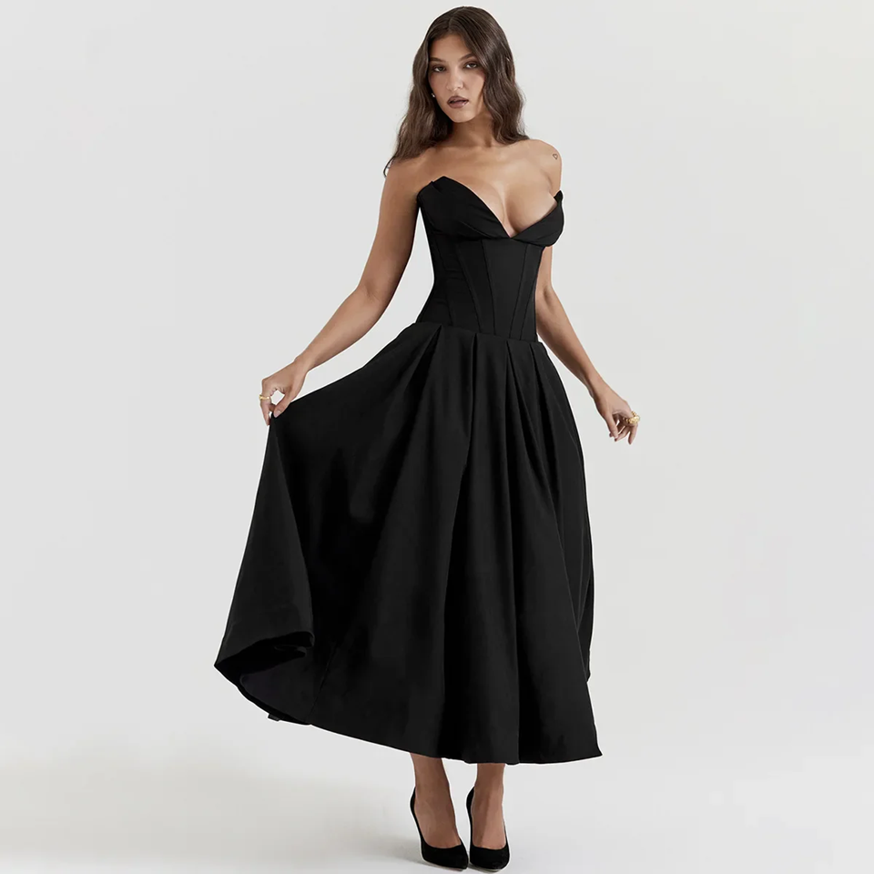 Black Strapless Corset Midi Dress