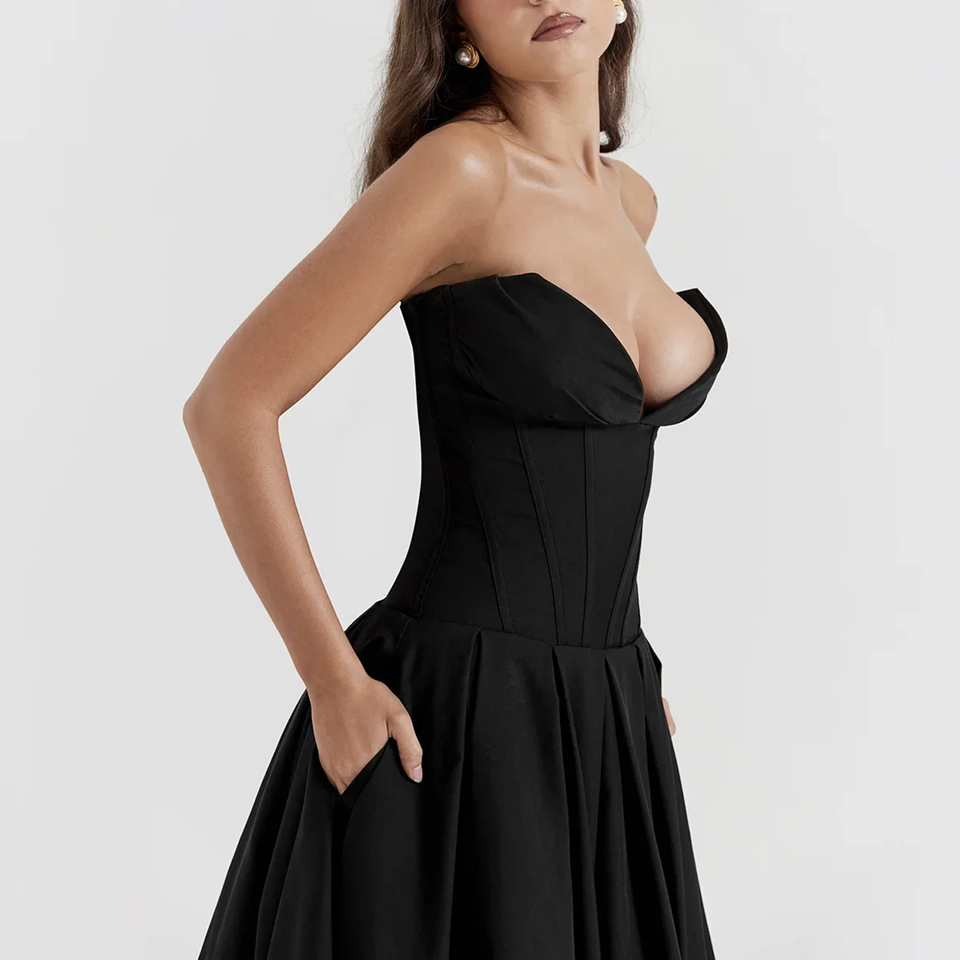 Black Strapless Corset Midi Dress